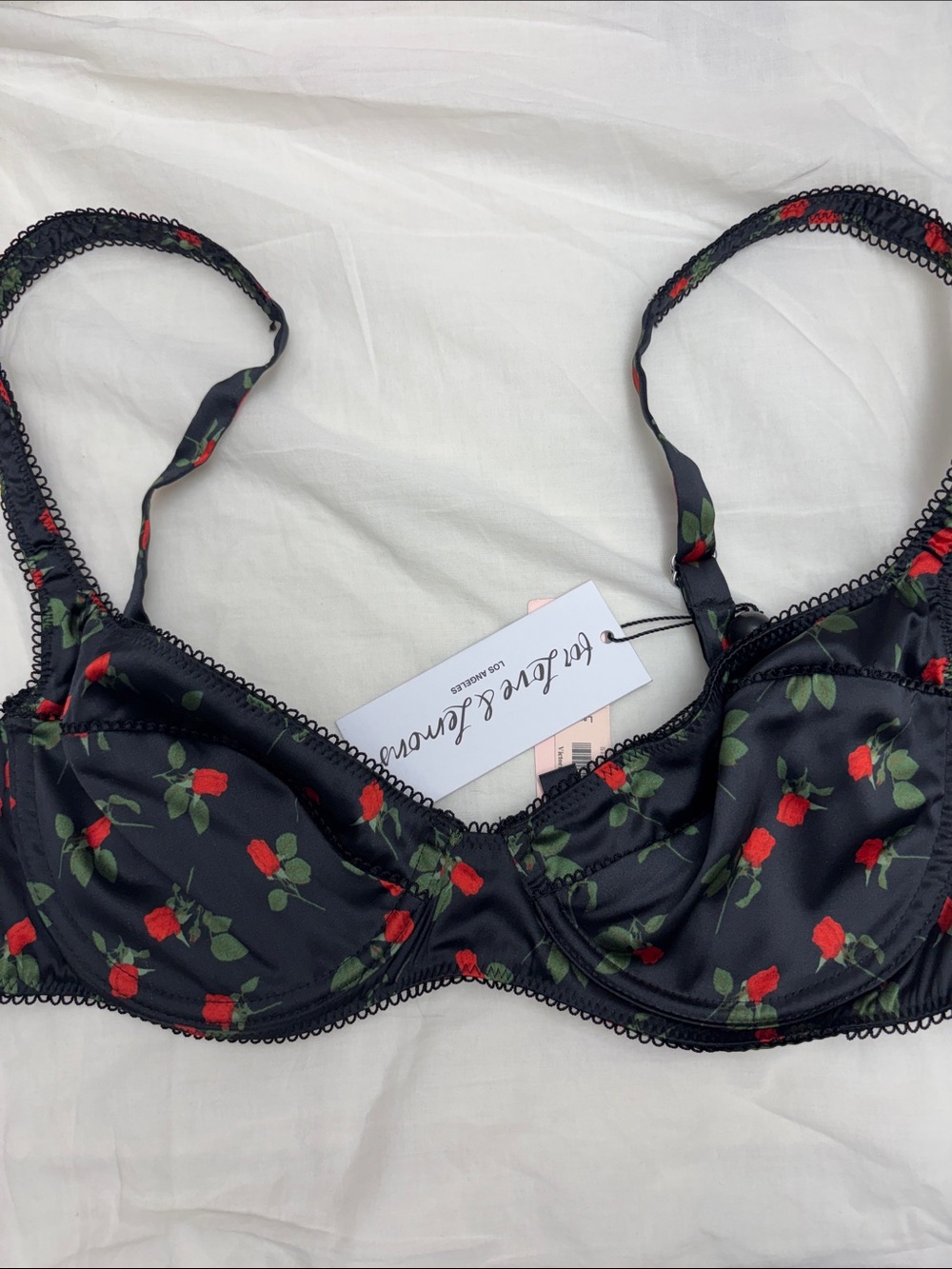 For Love And Lemons Black Satin Rose-Print Underwire Bra